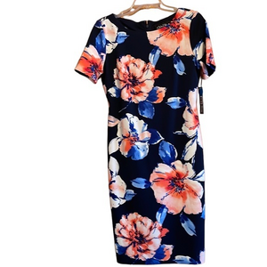 Chelsea Rose Navy Floral Short Sleeve Sheath Dress Sz 4 Career Wedding Guest NWT